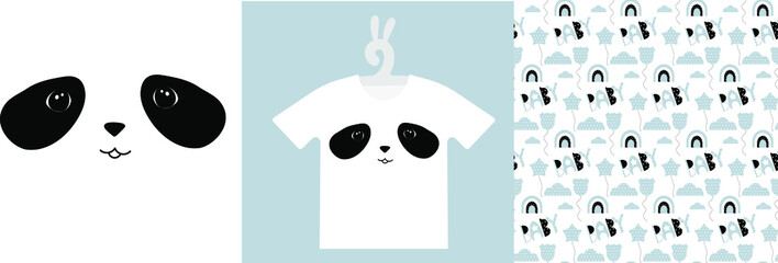 Baby Animal Prints and seamless pattern on T-shirts, sweatshirts, clothing, textile. Drawn cute baby panda. Isolated vector illustration