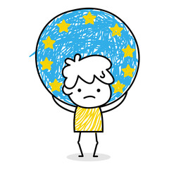 Man character in minimalistic hand drawn line style. Social communication. White, blue and yellow colors. Happy team worker. Hobbies and travel. Management and organization. 