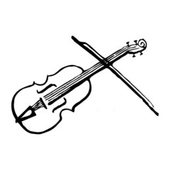 Violin with bow. Musical instrument. Ink drawing.