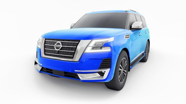 Paris, France. January 30, 2022: Nissan Patrol 2021 Blue Premium Family SUV car isolated on white background. 3d rendering