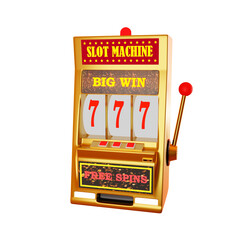 Slot machine gold color wins the jackpot. 777 Big win concept banner casino. Casino vegas game. Gambling fortune chance. 3d render illustration.