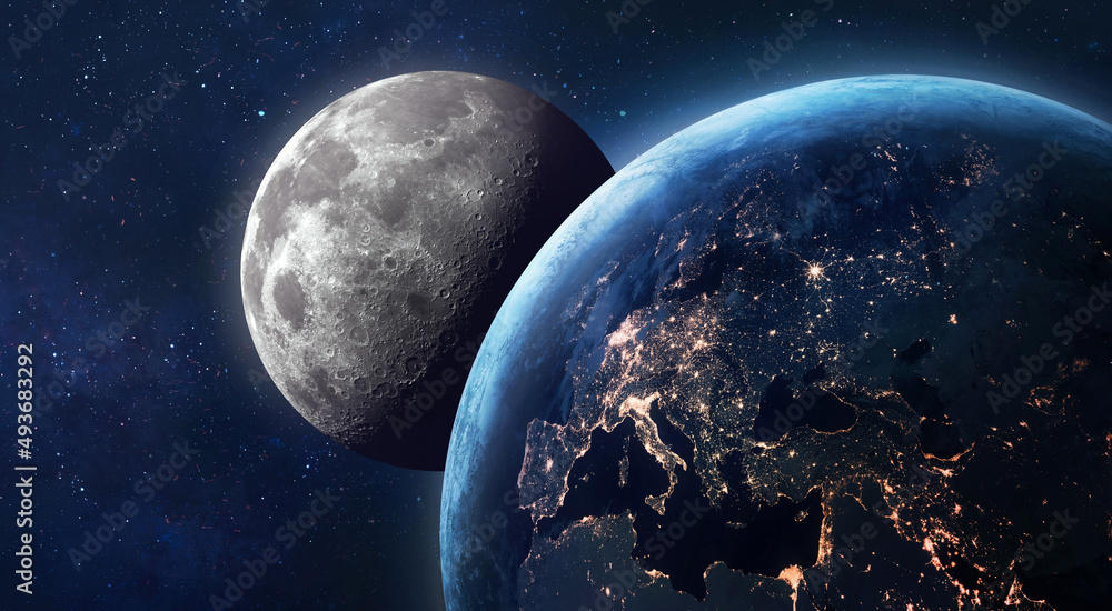 Poster Earth and Moon in space. Earth at night. Moon surface with craters. Planetary Moon. Artemis space program. Elements of this image furnished by NASA