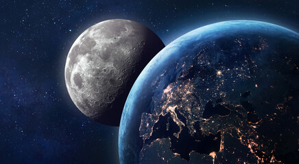 Fototapeta na wymiar Earth and Moon in space. Earth at night. Moon surface with craters. Planetary Moon. Artemis space program. Elements of this image furnished by NASA