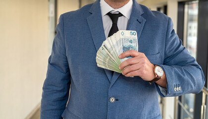 Handsome businessman who earns a lot holds zlotys in his hands to invest money.