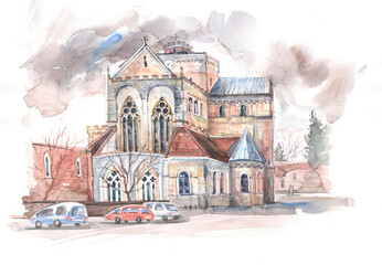 An English old church on a cloudy autumn day is drawn in watercolor on paper.