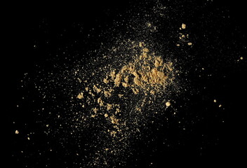 Fototapeta na wymiar Ginger root powder isolated on black, top view