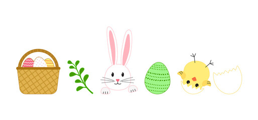 Easter vector set, cartoon rabbit, bunny and egg hunt, spring basket, chick with shell isolated on white background. Holiday illustration