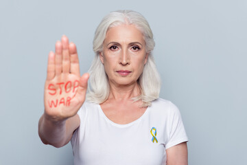 I stand with Ukraine conceptual collage photo elderly woman raise arm ask stop repression help world volunteer isolated background