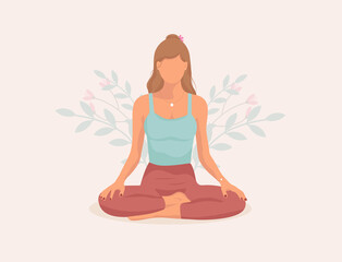 Obraz na płótnie Canvas Yoga. Faceless girl. Girl meditating . Concept illustration for yoga, meditation, relax, healthy lifestyle. Woman sitting in lotus position practicing meditation. 