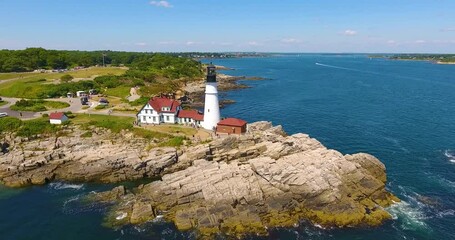 Portland Head Lighthouse aerial view in summer, Cape Elizabeth, Maine, ME, USA. This lighthouse was built in 1791, and is the oldest lighthouse in Maine.