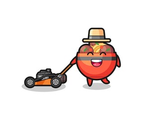 illustration of the meatball bowl character using lawn mower