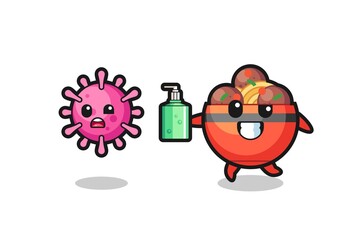 Fototapeta premium illustration of meatball bowl character chasing evil virus with hand sanitizer