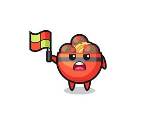 meatball bowl character as line judge putting the flag up