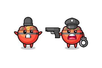 Obraz premium illustration of meatball bowl robber with hands up pose caught by police