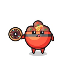 illustration of an meatball bowl character eating a doughnut