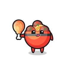 meatball bowl cute mascot is eating a fried chicken