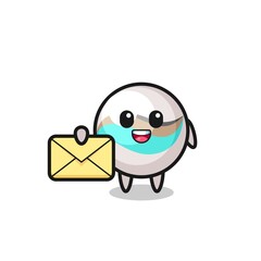 cartoon illustration of marble toy holding a yellow letter