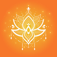 Beautiful Lotus ornament on orange background. Abstract flower illustration