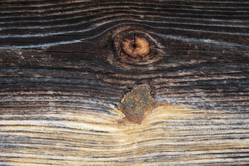 The surface of an old, brown, wooden board with a place from the branch, similar to the eye angle, texture.