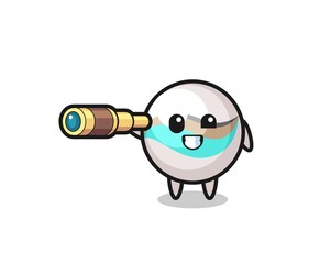 cute marble toy character is holding an old telescope