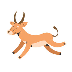 Cute antelope smiling and jumping, wild african animal and facial expression, isolated vector illustration on white background
