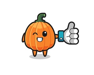 cute pumpkin with social media thumbs up symbol