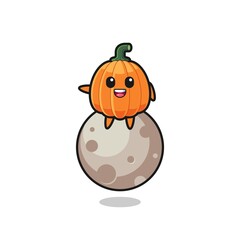 illustration of pumpkin cartoon sitting on the moon