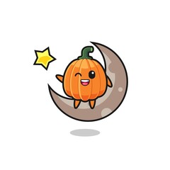 illustration of pumpkin cartoon sitting on the half moon