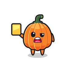 cartoon pumpkin character as a football referee giving a yellow card