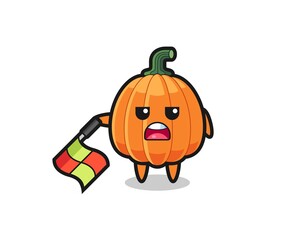 pumpkin character as line judge hold the flag down at a 45 degree angle