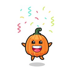 happy pumpkin mascot jumping for congratulation with colour confetti