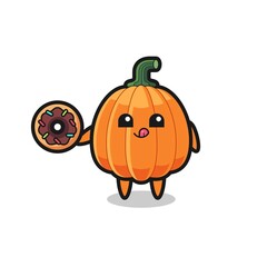 illustration of an pumpkin character eating a doughnut