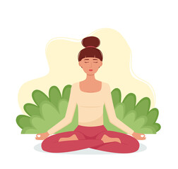 Obraz na płótnie Canvas Meditating woman. Meditation concept. Girl in lotus position practicing yoga, vector illustration