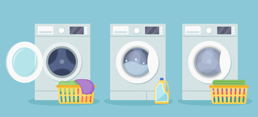 Washing machines with plastic basket with dirty linen, detergent and plastic basket with clean linen. Vector illustration - obrazy, fototapety, plakaty
