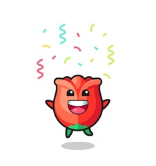 happy rose mascot jumping for congratulation with colour confetti