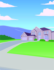 House along the road with beautiful sky.
Vector illustration in flat style.