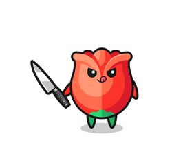 cute rose mascot as a psychopath holding a knife