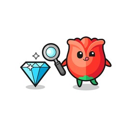 rose mascot is checking the authenticity of a diamond