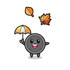 cartoon of the cute barbell plate holding an umbrella in autumn