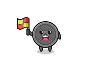barbell plate character as line judge putting the flag up