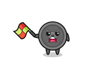 barbell plate cartoon as the line judge hold the flag up at a 45 degree angle