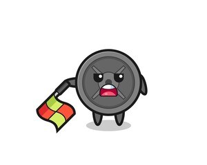 barbell plate character as line judge hold the flag down at a 45 degree angle