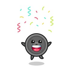 happy barbell plate mascot jumping for congratulation with colour confetti