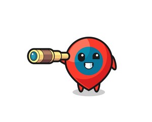 cute location symbol character is holding an old telescope
