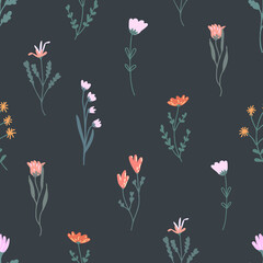 Seamless pattern of flowers painted in boho style. Vector illustration.
