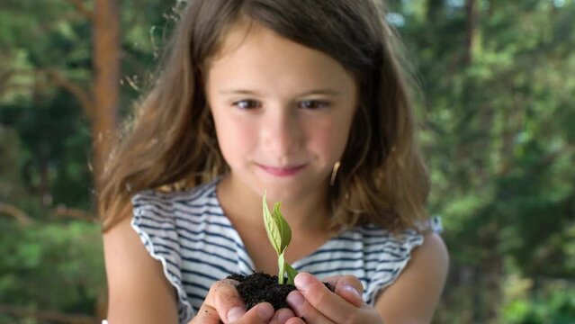 Tree sprout growing from hands of little girl on the forest background.