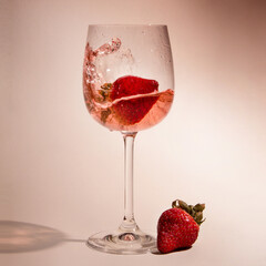 glass of rose wine with strawberry
