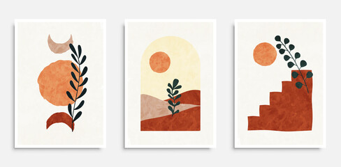 Botanical wall art. Plants with abstract shapes. Design for poster, wall art, home interior, cover. Vector illustration