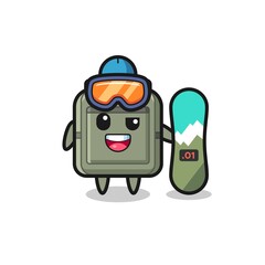 Illustration of school bag character with snowboarding style