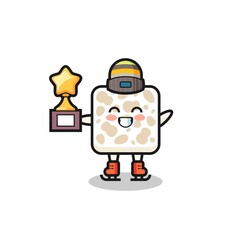 tempeh cartoon as an ice skating player hold winner trophy